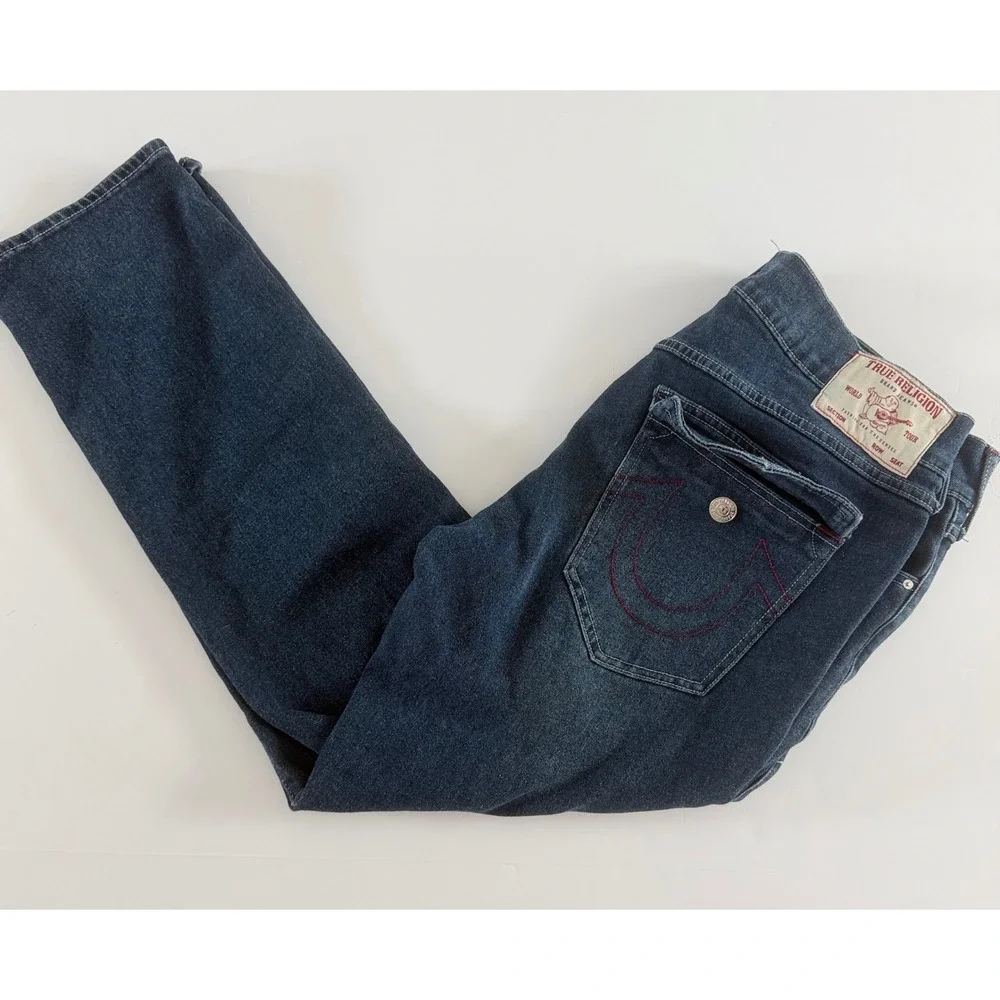 True Religion Geno Relaxed Slim Jeans Men 36 Dark Wash Red Horseshoe Flap Pocket